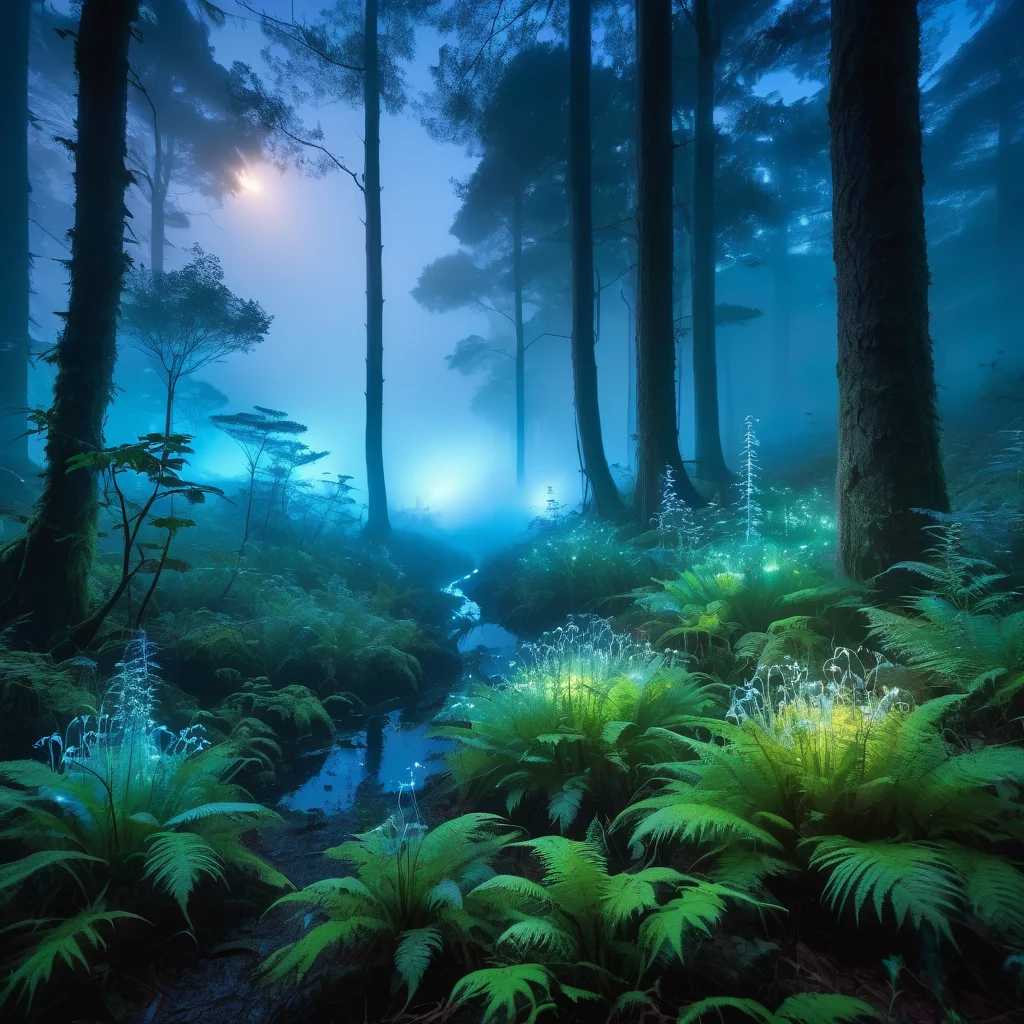 Ethereal forest at twilight, bioluminescent plants, mist rising