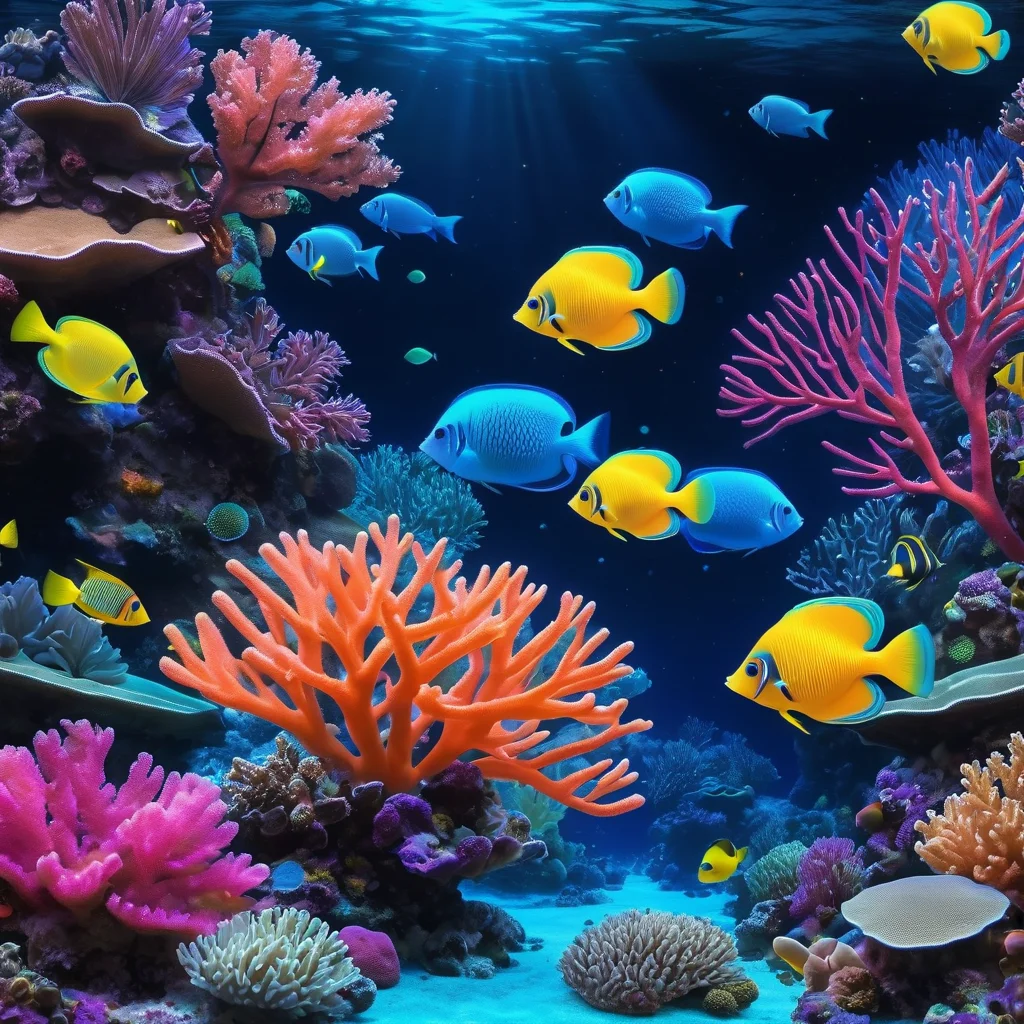 Bioluminescent coral reef, tropical fish, moonlit water surface