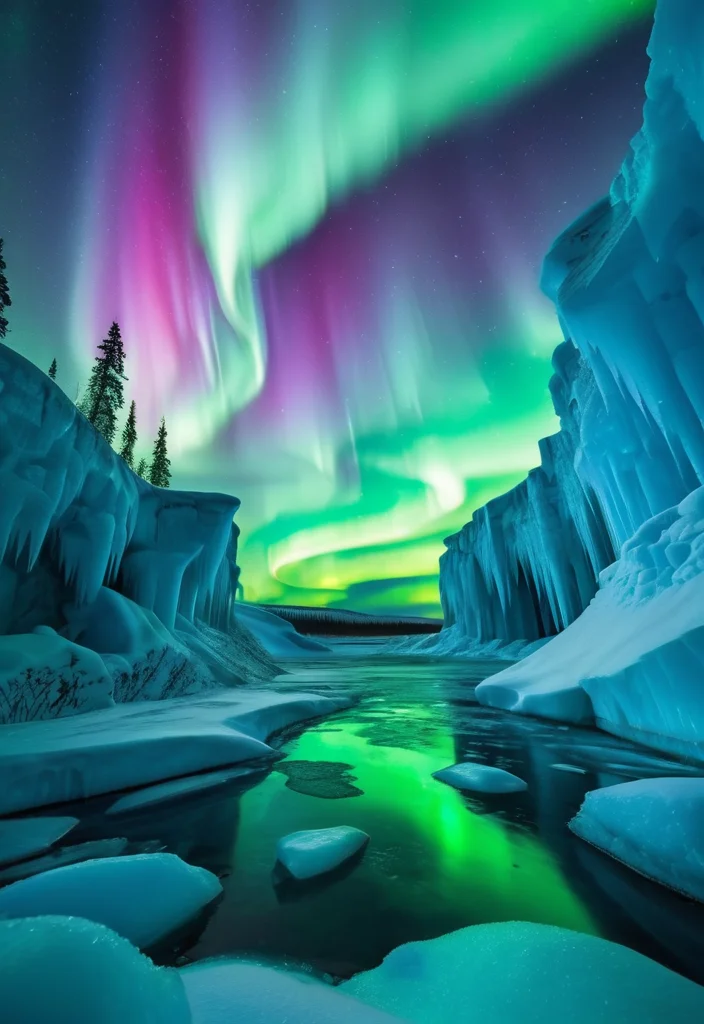 Ice palace in the Northern Lights, frozen waterfalls, Aurora