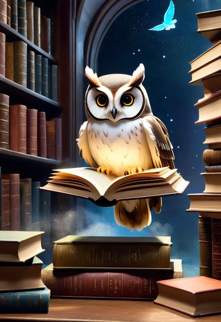 Enchanted library, floating books, magical dust, owl familiar