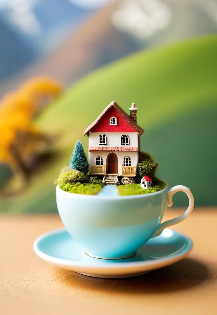 Miniature world inside a teacup, tiny adventures, whimsical