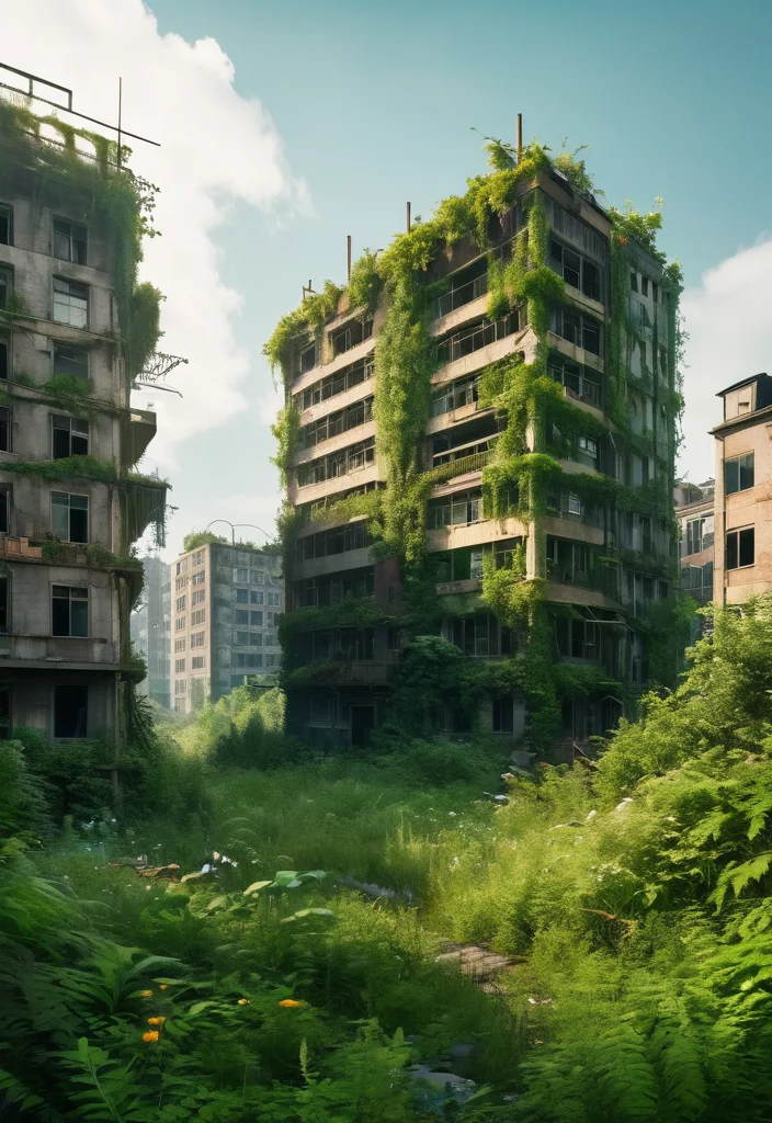 Post-apocalyptic overgrown cityscape, nature reclaiming buildings