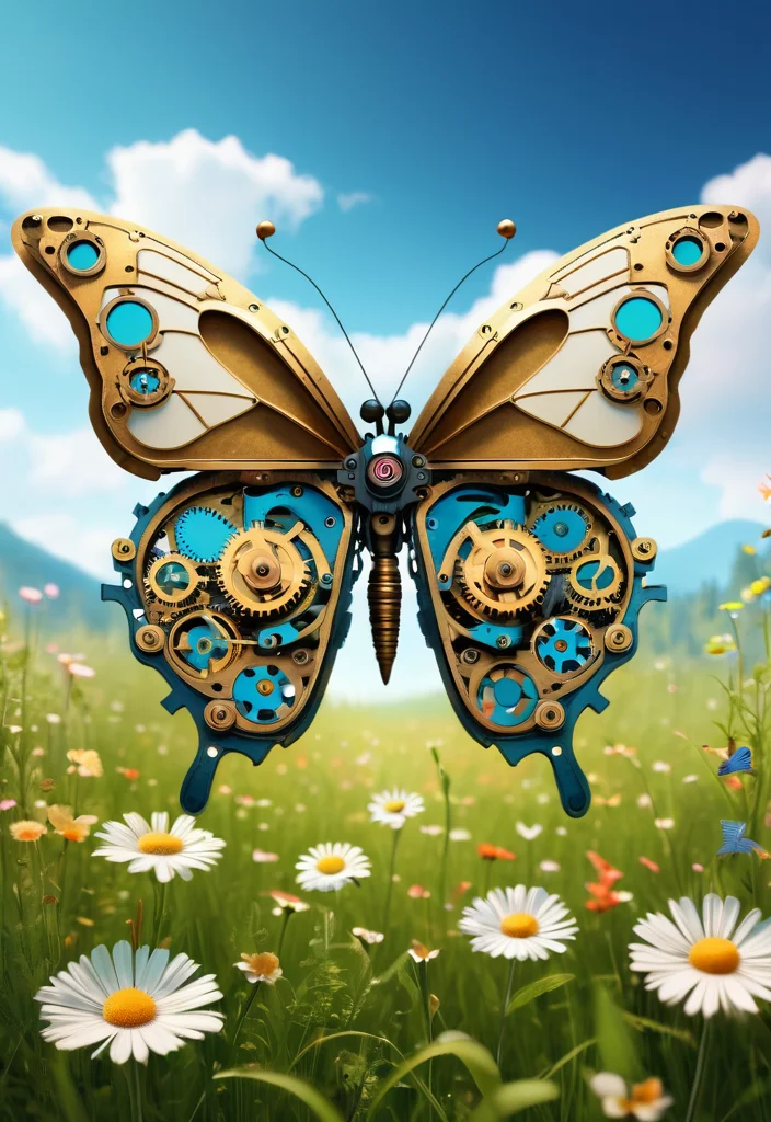 Clockwork butterfly in a meadow of mechanical flowers