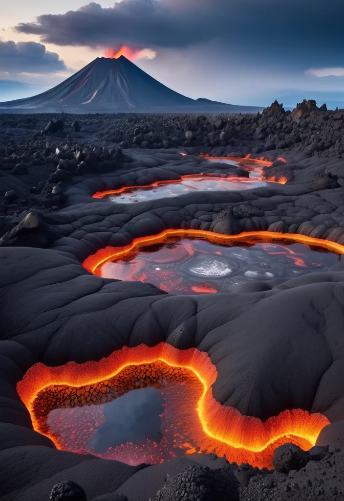 Volcanic landscape with crystal formations, lava rivers, ash clouds