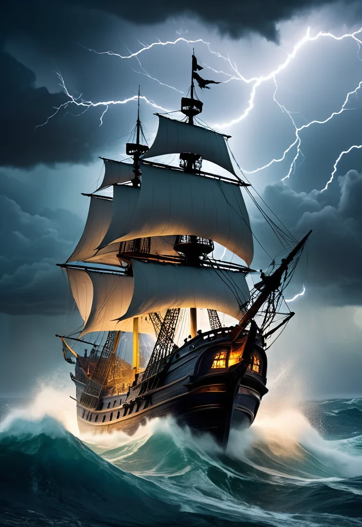 Ghostly pirate ship sailing through a storm, lightning, rough seas