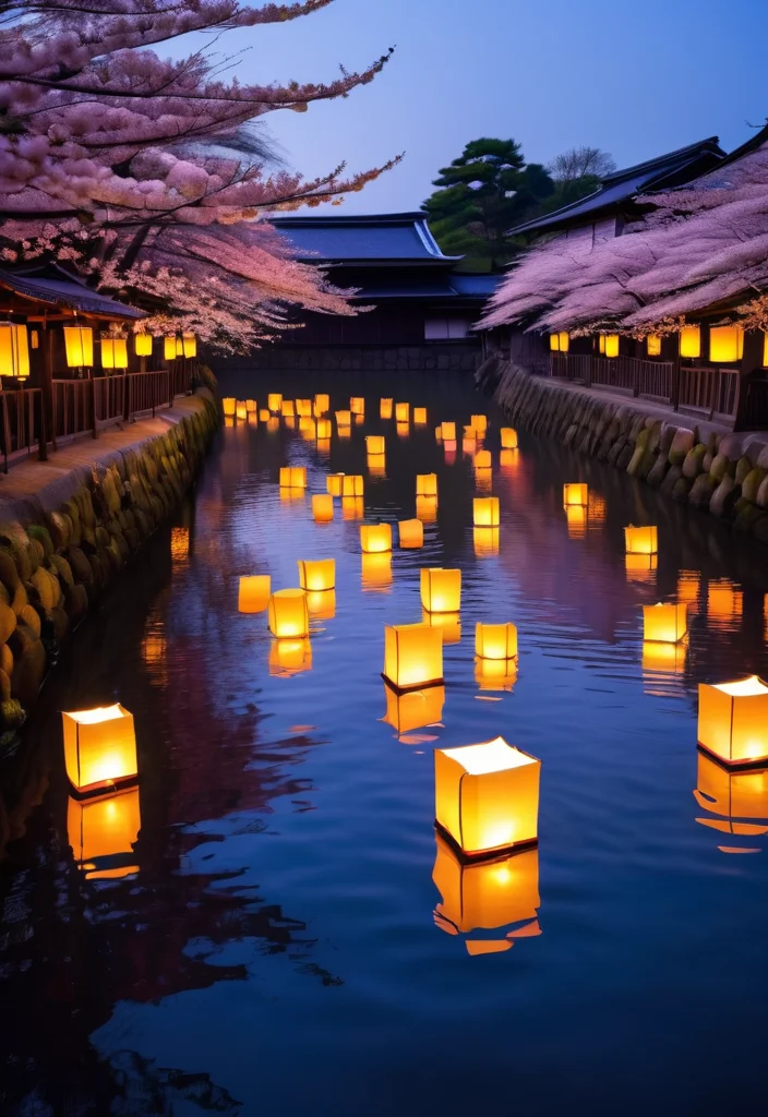 Floating lantern festival in ancient Japanese village, cherry blossoms