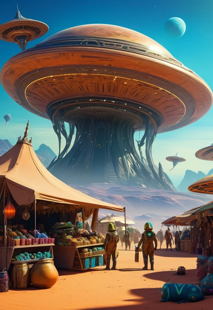 Alien marketplace on a distant planet, strange creatures, exotic goods