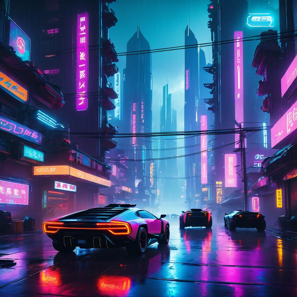 Cyberpunk cityscape, neon lights, flying cars, rainy night