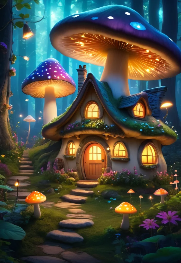 Fairy tale cottage in a giant mushroom forest, glowing fireflies