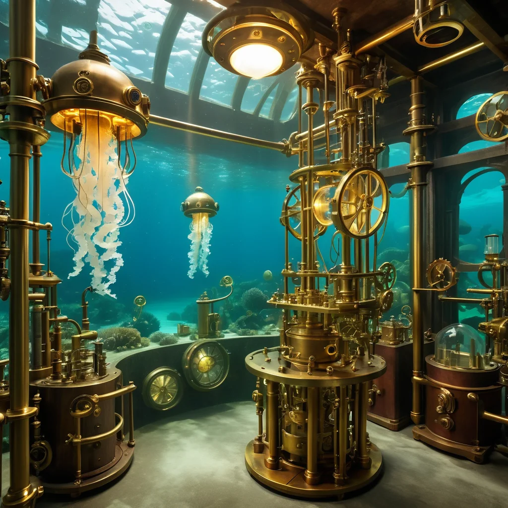 Underwater steampunk laboratory, brass machinery, jellyfish