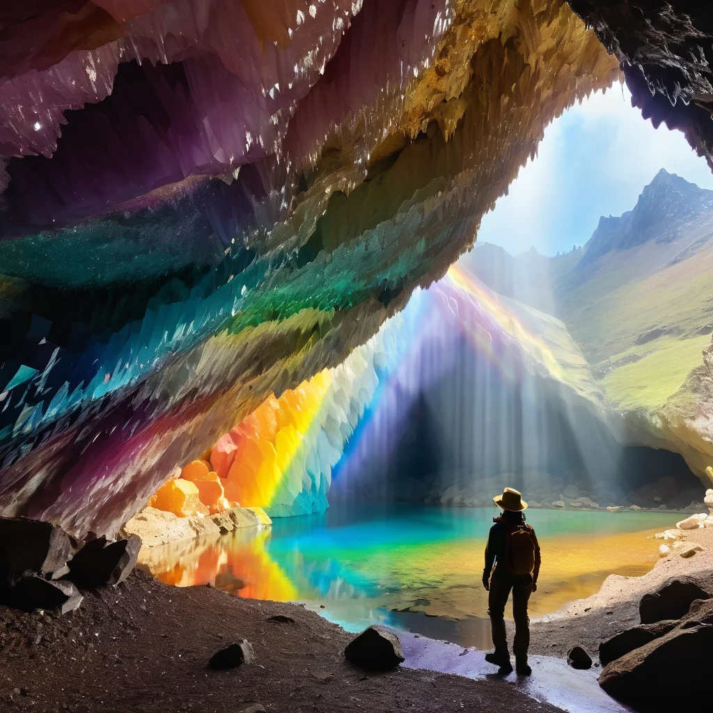 Crystal cave with rainbow reflections, explorer silhouette