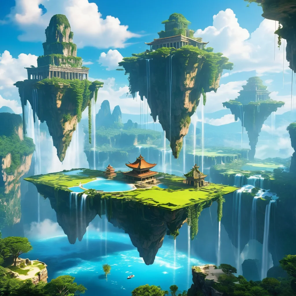 Surreal floating islands in the sky, waterfalls, ancient ruins