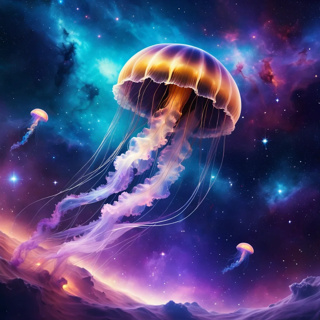 Cosmic jellyfish in deep space, nebula background, stars