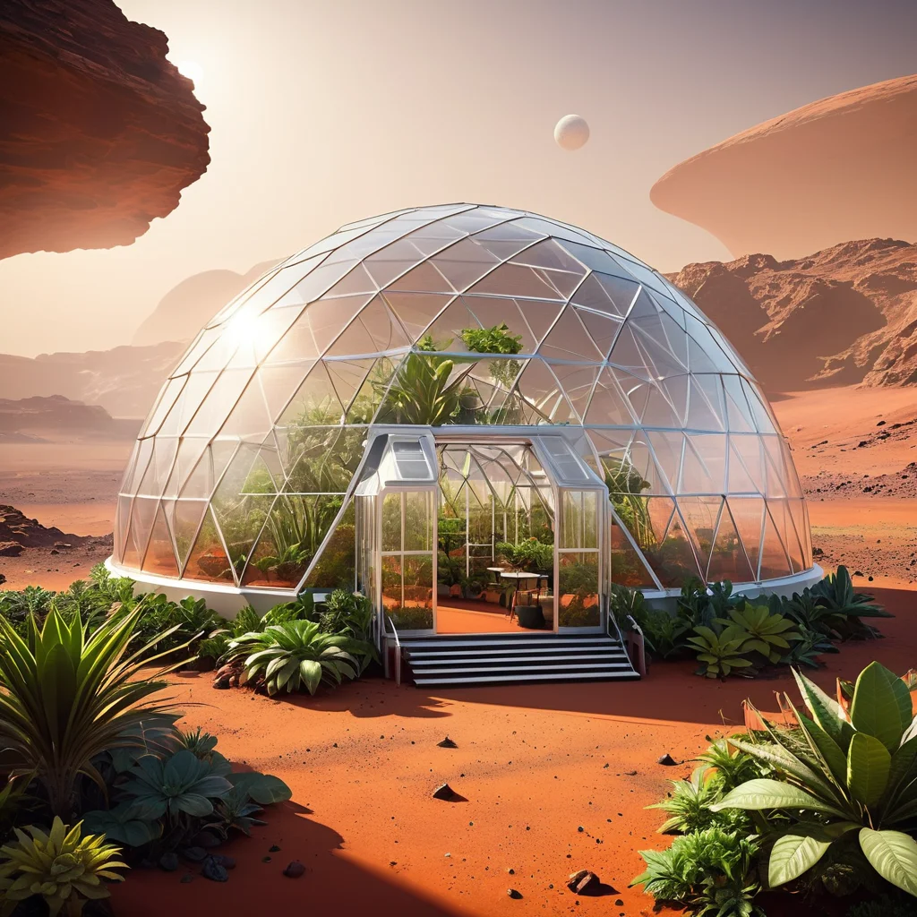 Futuristic greenhouse on Mars, exotic plants, dome structure