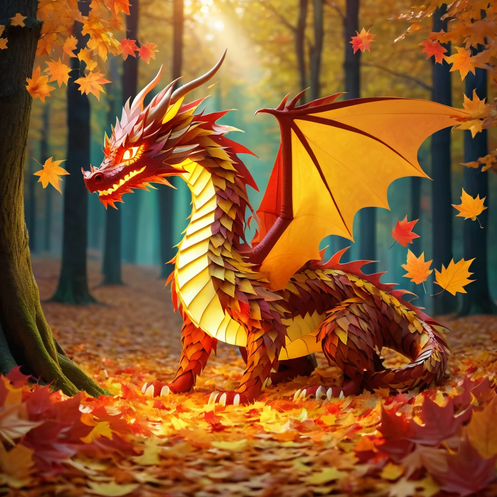 Dragon made of autumn leaves, forest background, magical glow