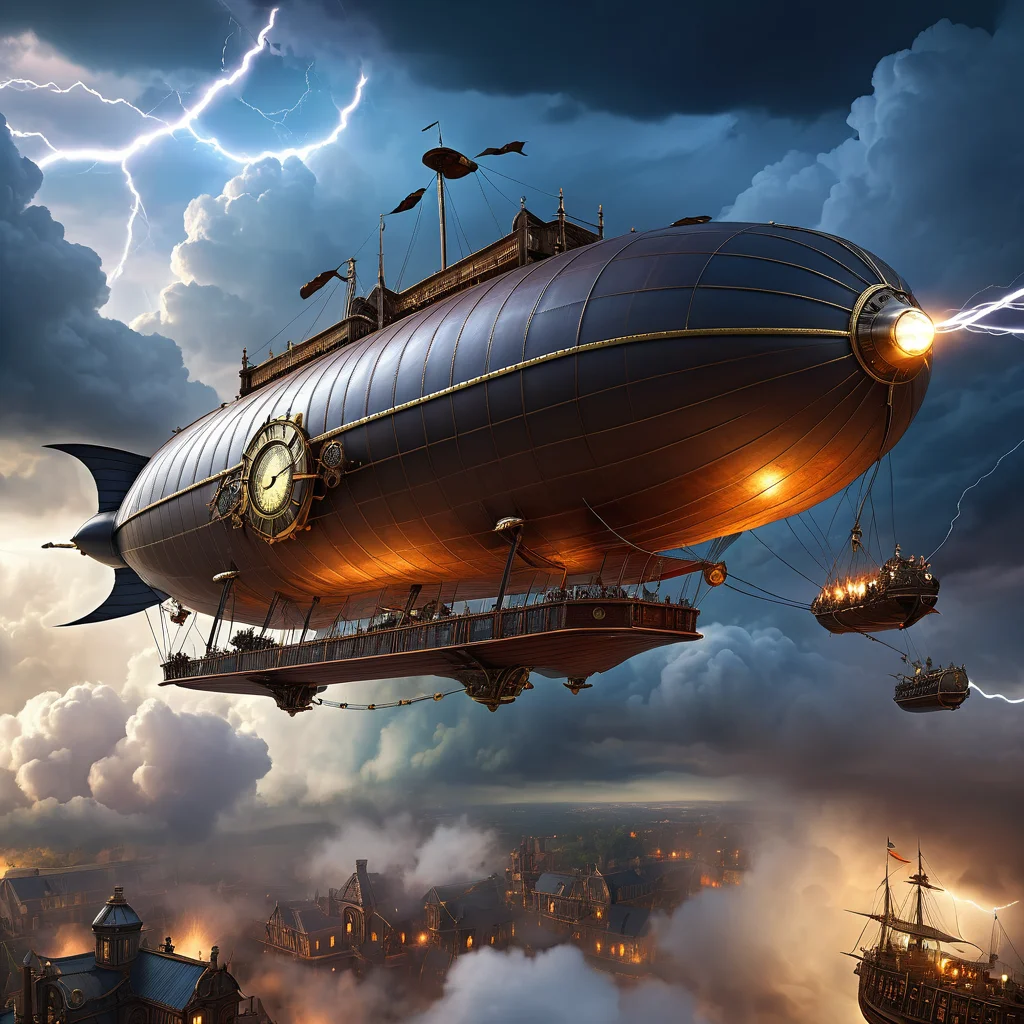 Steampunk airship battle, clouds, lightning, dramatic sky