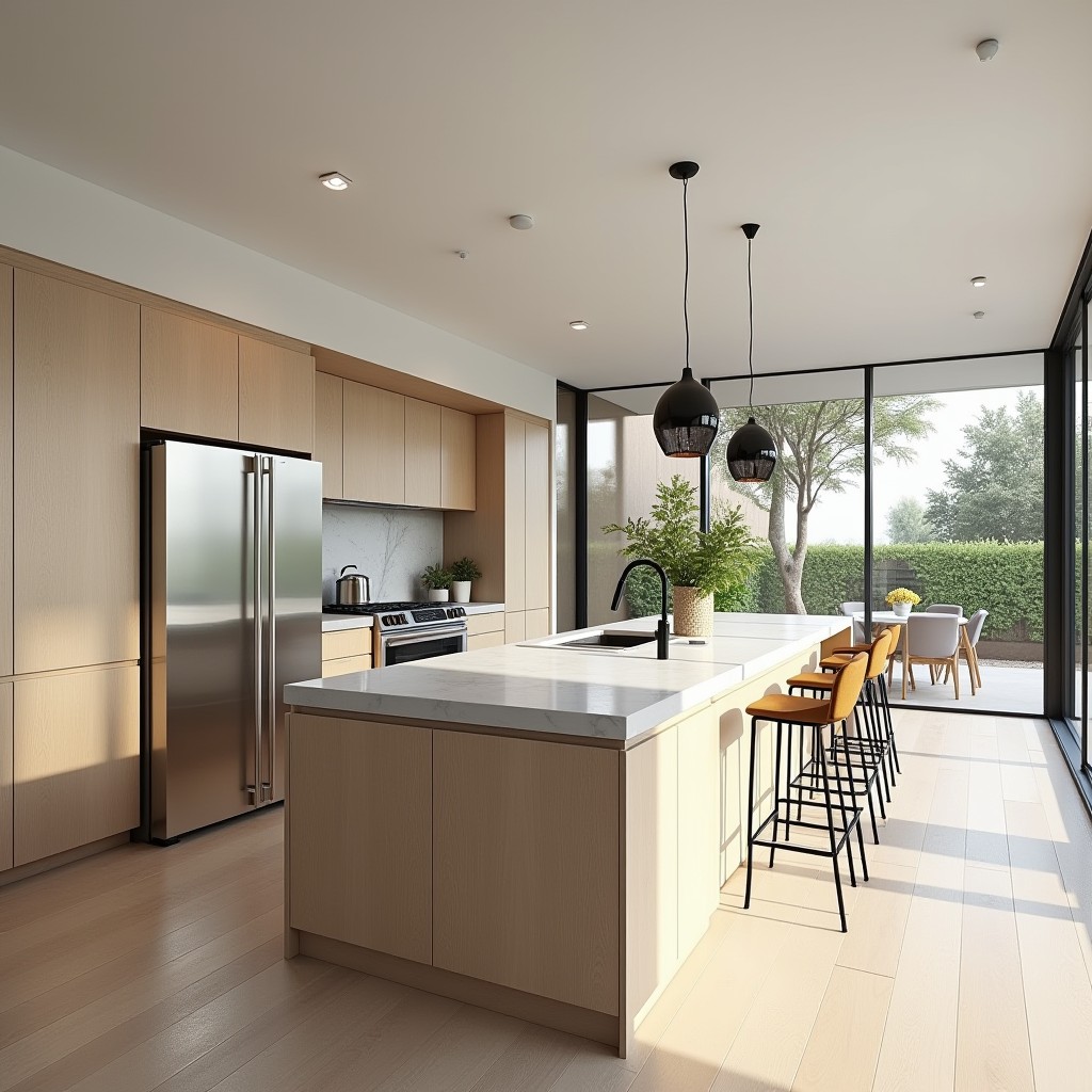 Inspirational kitchen design example featuring a contemporary open concept layout