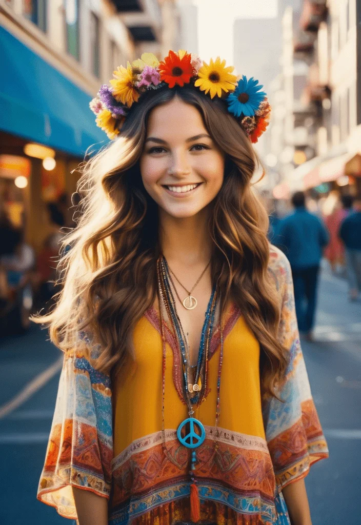 Imagine a breathtakingly cinematic photograph that captures the essence of the 70s: A young hippie girl, her brown hair cascading down in carefree waves, is adorned with a vibrant flower crown. She radiates joy and the spirit of the era, wearing colorful, flowy clothes that speak of freedom and rebellion. Her smile is infectious, and around her neck hangs a peace sign necklace, a symbol of the times. She stands on a bustling San Francisco street, the essence of the city's soul in the 70s palpable in the background. This image, taken with a 50mm lens, boasts a film-like quality, rich in bokeh, and exudes a professional, 4k level of high detail. The photograph captures not just a moment but the spirit of an age - a snapshot that is as vivid and detailed as memory itself.