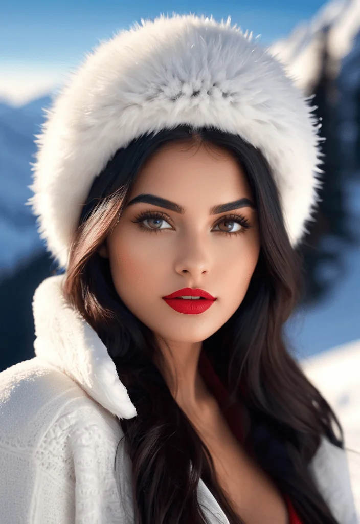 Photo of a stunningly beautiful woman, oval face, babe face, symmetrical face, Indian woman aged 23, white skin, with beautiful eyes, messy dark hair, (deep shadows:1.1), natural makeup, red lips, close of up of face, on a snowy mountain, she is covered in snow, intricate details, sharp focus, photography, photorealism, photorealistic, soft focus, volumetric light, (intricate details), (hyperdetailed), high detailed, lot of details, high quality, raytracing, subsurface scattering, film, bokeh, professional, 4k, highly detailed