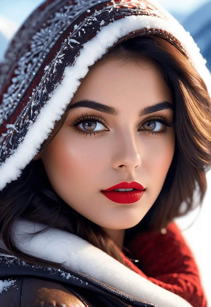 Photo of a stunningly beautiful woman, oval face, babe face, symmetrical face, Indian woman aged 23, white skin, with beautiful eyes, messy dark hair, (deep shadows:1.1), natural makeup, red lips, close of up of face, on a snowy mountain, she is covered in snow, intricate details, sharp focus, photography, photorealism, photorealistic, soft focus, volumetric light, (intricate details), (hyperdetailed), high detailed, lot of details, high quality, raytracing, subsurface scattering, film, bokeh, professional, 4k, highly detailed