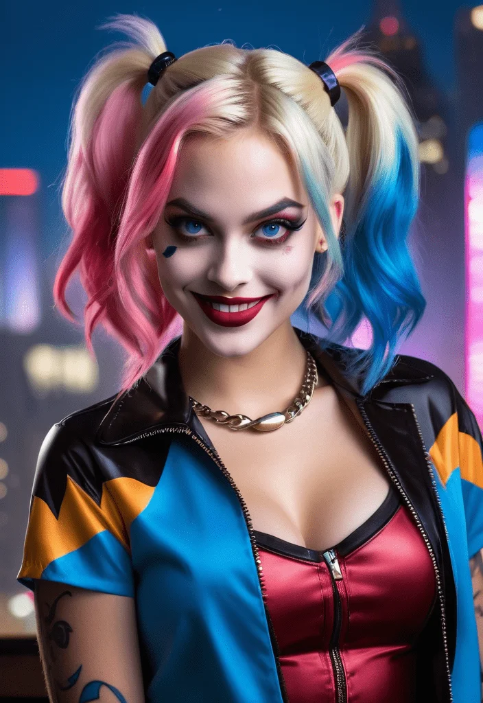 (best quality, 4k, 8k, highres, masterpiece:1.2),ultra-detailed,(realistic,photorealistic,photo-realistic:1.37), portrait,comic style, playful,energetic, vibrant colors, dramatic lighting, alluring, mischievous smile, blue and pink color scheme, Harley Quinn costume, expressive eyes, tousled hair, whimsical background, dynamic pose,confident attitude, smudged makeup,s parkling personality, deranged beauty, iconic bat motif, striking tattoos, rebellious spirit, Gotham City skyline, laughing in the face of danger, sassy elegance