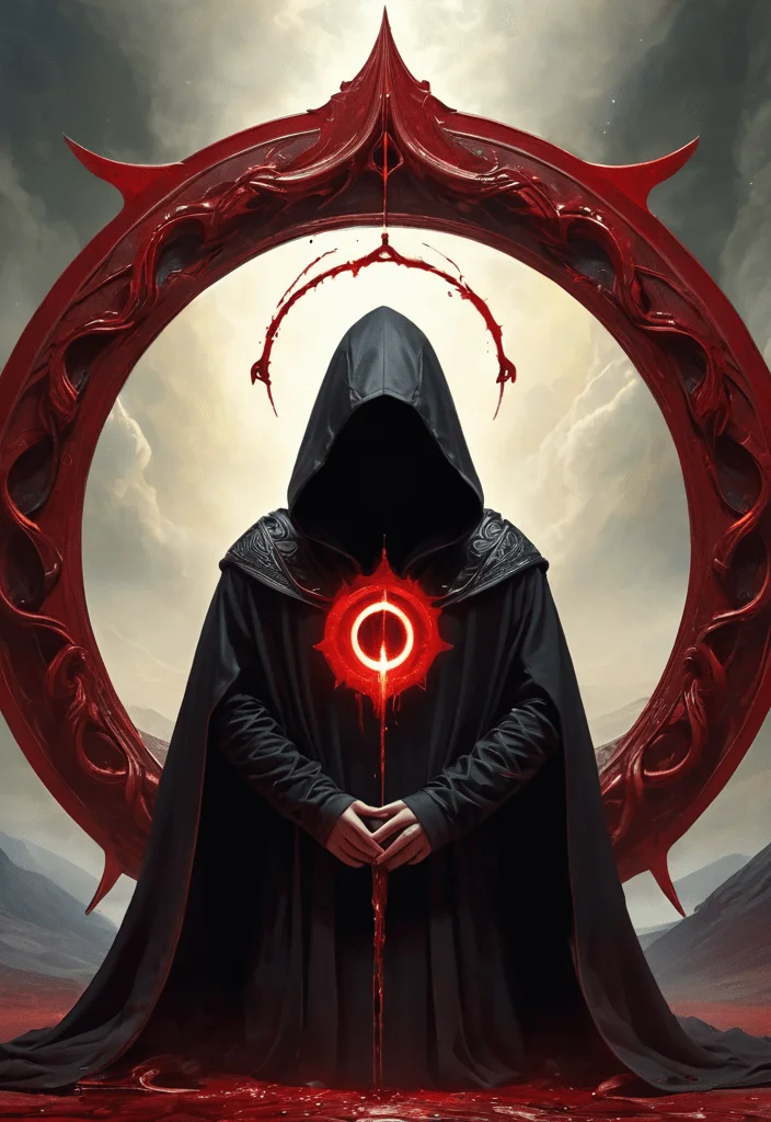 Hooded figure, ouroboros, halo of blood