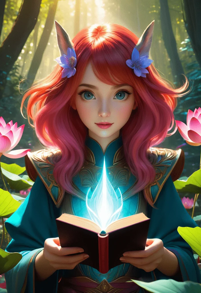 A dynamic action shot of a gargantuan mythical mechanical animal, in a beautiful forest full of pink lotus flowers, TheWeirdies. A girl with red hair a glowing magic book in the foreground. She is summing the beast. BREAK, big eyes, looking at viewer BREAK, intriguing, stunning, hideous, mysterious, undiscovered, terrifying, epic, sci-fi, fantasy scene. BREAK. Semirealistic, painterly, mixed media, ultra-detailed, ray-traced, award-winning, light leaks, lens flare, volumetric light scattering, subsurface scattering, high contrast, implied motion, deep depth of field, colorful, complementary colors, color graded, BREAK, anamorphic (sci-fi lens-flare style) rings, BREAK