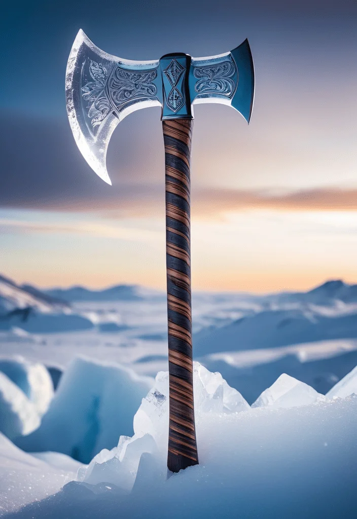 A stunningly realistic and brutal photo of a snow viking-axe, featuring a double edged ice axe that reflects divined white aura, distinctive ice-patterning. The double-edged ice axe, sharp and deadly, shining devine white and freezing aura surrounding the ice axe. Long handle, made of transparent ice material, illuminated, showcases intricate freezing axe patterns and stripes. A pearl adorns the center, adding a pop of transparent to the devine design. The ice axe is depicted alone, with no humans or other objects in the image, allowing the viewer to fully appreciate its menacing beauty, photo, product, bokeh