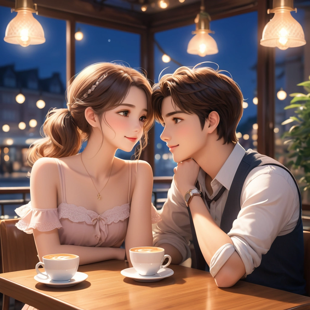 Generate a 32k UHD professional anime illustration, showcasing a boy and girl on a cafe date, extremely delicate detail. The scene in professional detail and perfect proportions, captures their tender affection. Focus on expressive eyes and fashionable attire, set in a cozy, modern-yet-whimsical cafe. Use soft, warm lighting to create a romantic, inviting atmosphere, telling a charming, heartwarming story. Blushing emotional faces.