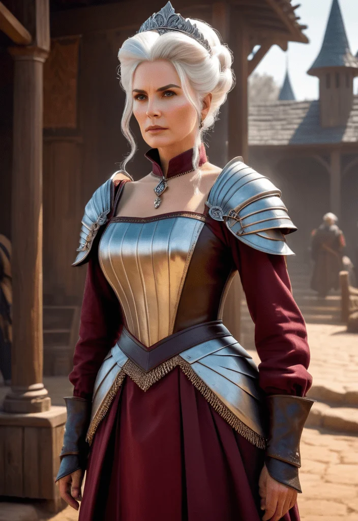 A full shot, solo, an elderly, a tall thin woman with white hair, standing, deep wrinkles, bouffant, puffy hairdo, an attentive, stern gaze, bone clips in her hair, steel tiara, the hair is gathered into a voluminous complex hairstyle, a maroon medieval costume, a long skirt, shoulder pads made of crow feathers, metal bracers, leather boots, ominous, noble, a stern face, narrow eyes, tall, digital art, illustration, fantasy, barrens, cinematic light, intricate details