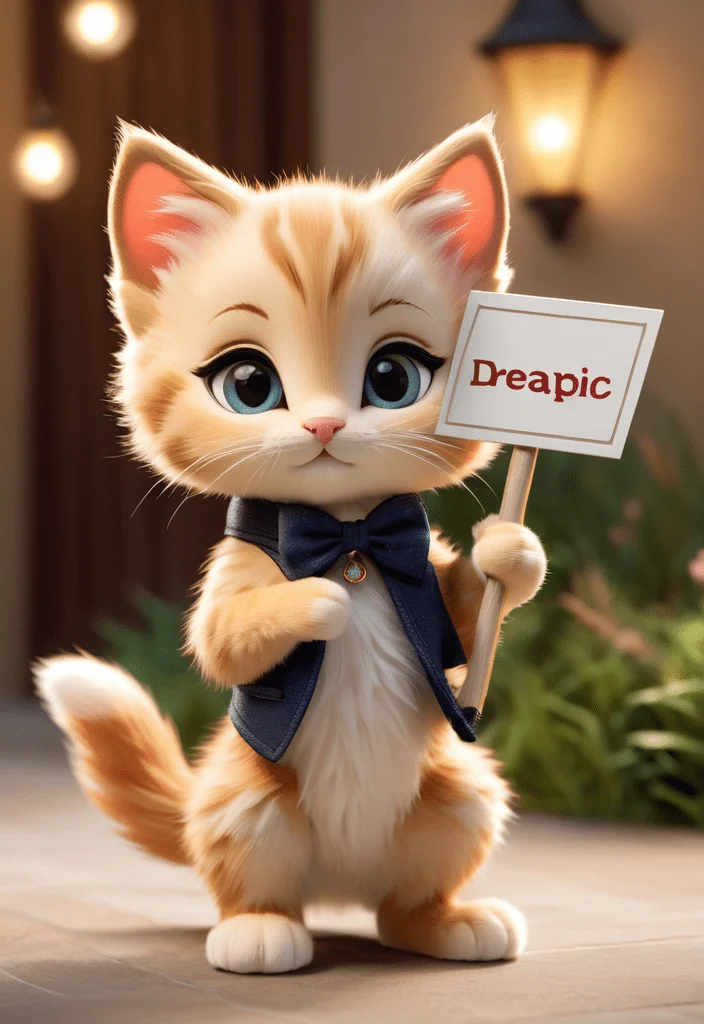 A photo of an anthropomorphic kitten, charming and lifelike, holding a 'Review' sign. Focus on natural allure with adorable, expressive features, blending kitten innocence and human-like awareness. Detail the fur, eyes, and posture meticulously. The 'Review' sign should match its playful character. Use soft lighting and a simple background to highlight the kitten and sign. Aim to engage viewers emotionally, portraying a unique, endearing narrative.