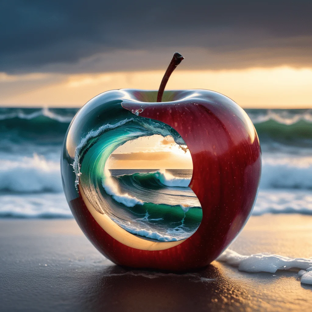 Imagine a photograph capturing an extraordinary and surreal subject: a transparent apple, crystal clear and perfectly formed, revealing a highly detailed, tumultuous miniature sea raging within. The apple sits boldly in the center of the frame, its smooth, glass-like surface reflecting light and offering a window into the dynamic scene inside. Within, the stormy sea is a marvel of miniaturization - tiny waves crest and crash with realistic ferocity, and if one looks closely, minute flashes of lightning and swirls of wind can be discerned, adding to the tempest's drama. The background of the photo is intentionally simple, perhaps a soft, neutral color or a subtle gradient, ensuring that all attention is drawn to the striking contrast between the serene exterior of the apple and the wild, chaotic seascape it contains. The lighting is key, illuminating the apple in a way that highlights the intricate details of the storm inside while maintaining the overall clarity and impact of the image.