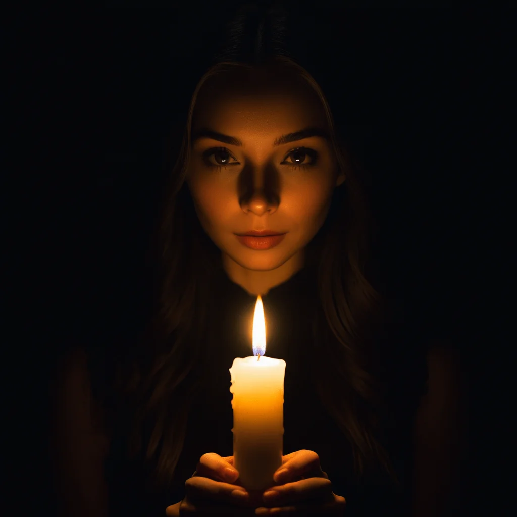 Pitch black dark background, woman with a candle