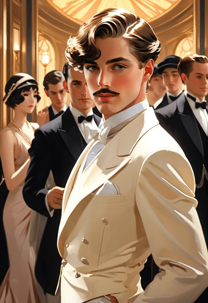 Create an 8K anime illustration, fusing John Singer Sargent's artistry with anime style. Focus on a Gatsby-like man, capturing Sargent's emotional depth and anime's vibrancy. His attire should blend Roaring Twenties elegance with anime flair. The background, a lavish Gatsby-esque scene, should merge Sargent's detail-oriented realism with anime's dynamic exaggeration. Ensure every detail, from expression to setting, weaves a story that's both classically nostalgic and uniquely modern.