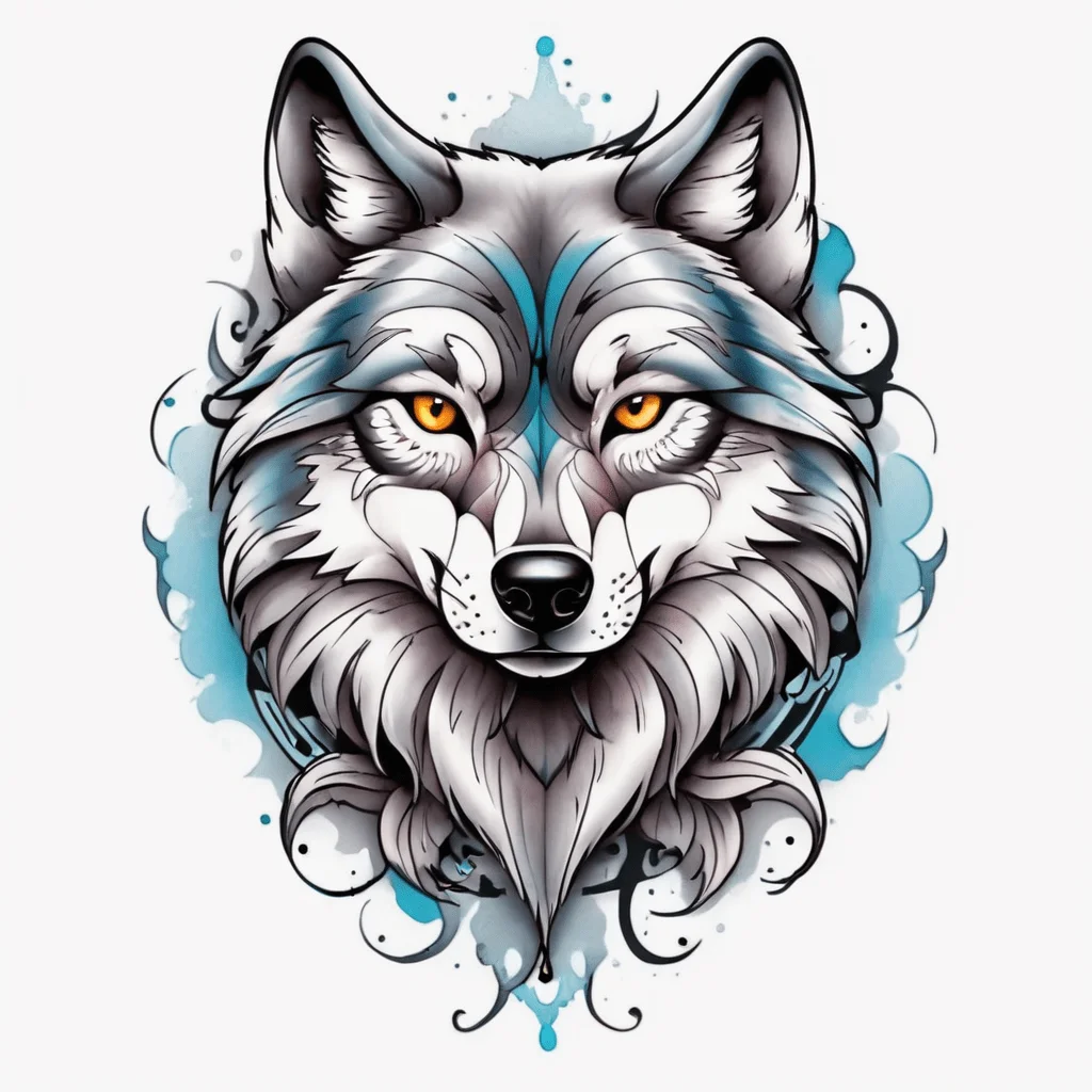 New School Tattoo Style, wolf design,white background,blank background