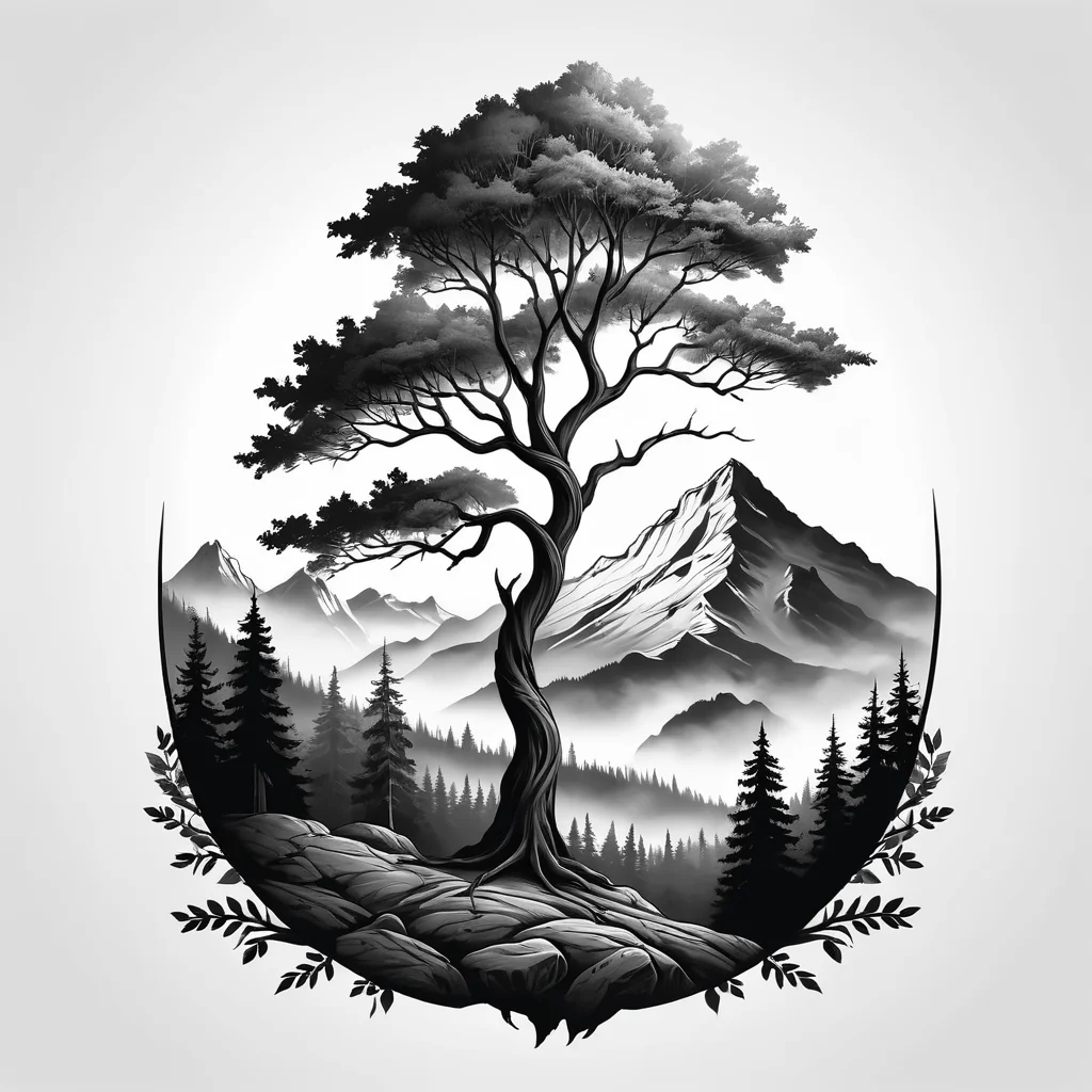 Realistic black and grey nature tattoo design, detailed tree silhouette, forest scene, mountain landscape, isolated on white background, no skin, environmental art, 8k resolution, fine shading