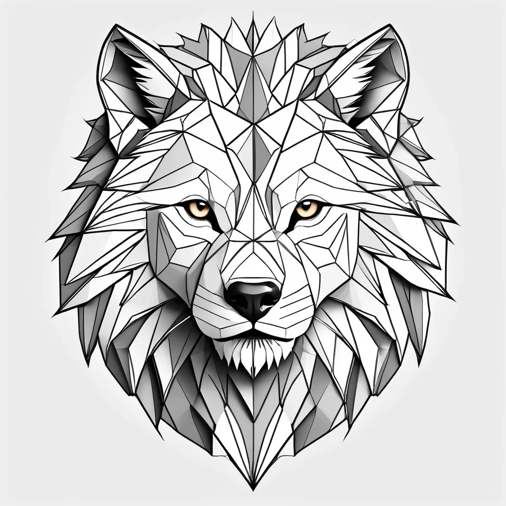 Geometric animal tattoo design, wolf or lion head, composed of precise shapes and lines, low poly style, isolated on white background, no skin, modern artistic approach, 8k resolution, sharp contrast