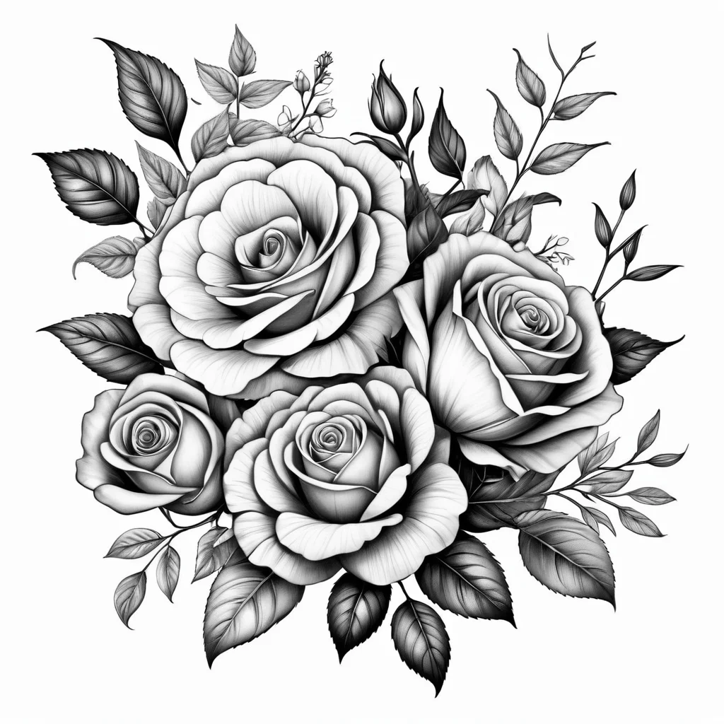 Botanical black and grey tattoo design, realistic rose or wildflower bouquet, detailed petals and leaves, fine line technique, isolated on white background, no skin, nature-inspired art, 8k resolution, soft shading