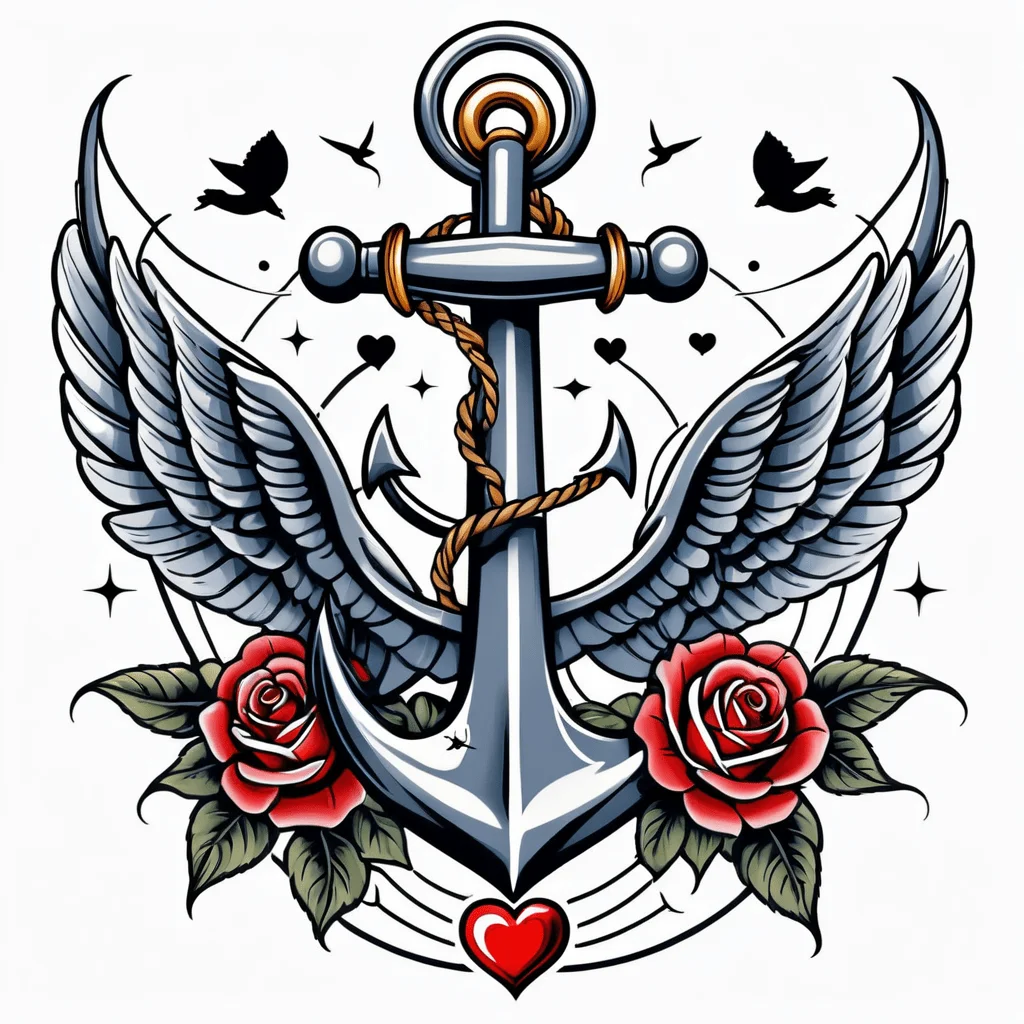 Traditional sailor tattoo design, bold outlines, classic motifs (anchor, swallow, heart), limited shading, isolated on white background, no skin, old-school tattoo art, 8k resolution, timeless style