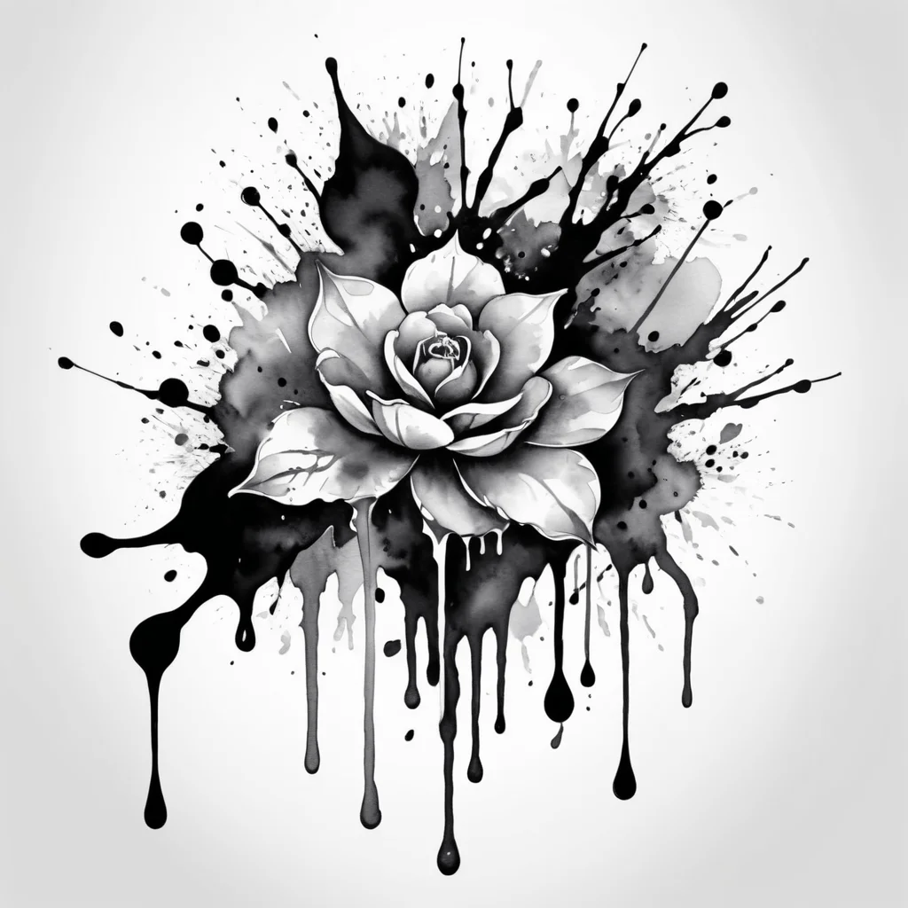 Black and grey watercolor effect tattoo design, splatter and drip techniques, abstract or animal subject, soft edges, isolated on white background, no skin, artistic tattoo style, 8k resolution, ethereal quality