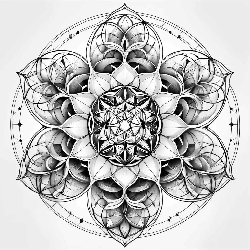 Sacred geometry tattoo design, complex mathematical patterns, Flower of Life, spirals, platonic solids, isolated on white background, no skin, spiritual symbolic art, 8k resolution, precise geometric shapes