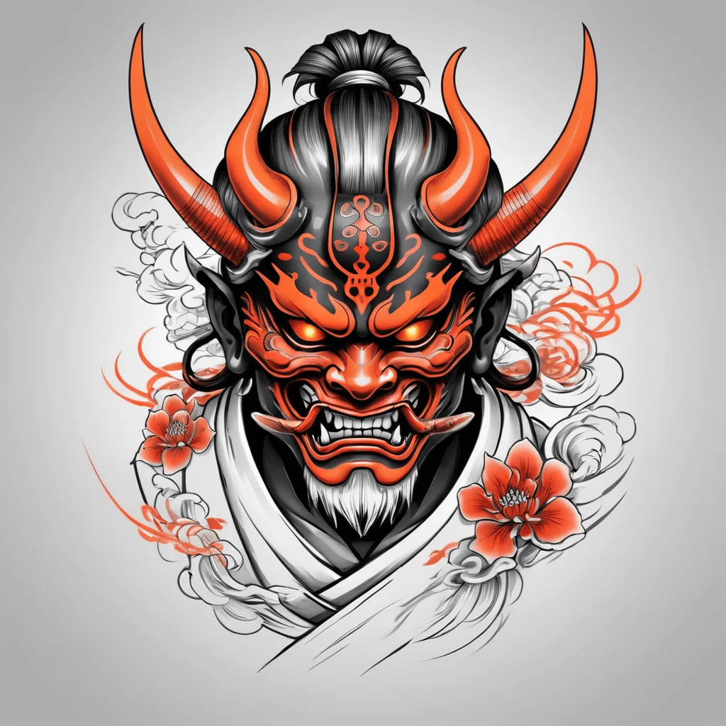 Draw a sketch of a tattoo with oni mask, samurai, japanese style, black and white, orange and red details, vector lines,8k,high quality,realistic render