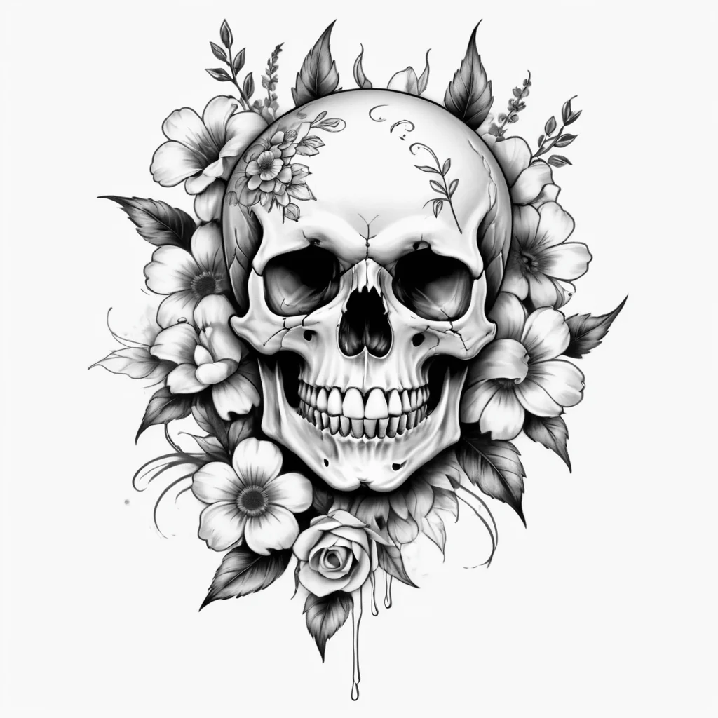 long vertical tattoo flash design of a skull with flowers coming out of its head, in black and white ink tattoo style, clean white background,8k,high quality,realistic render